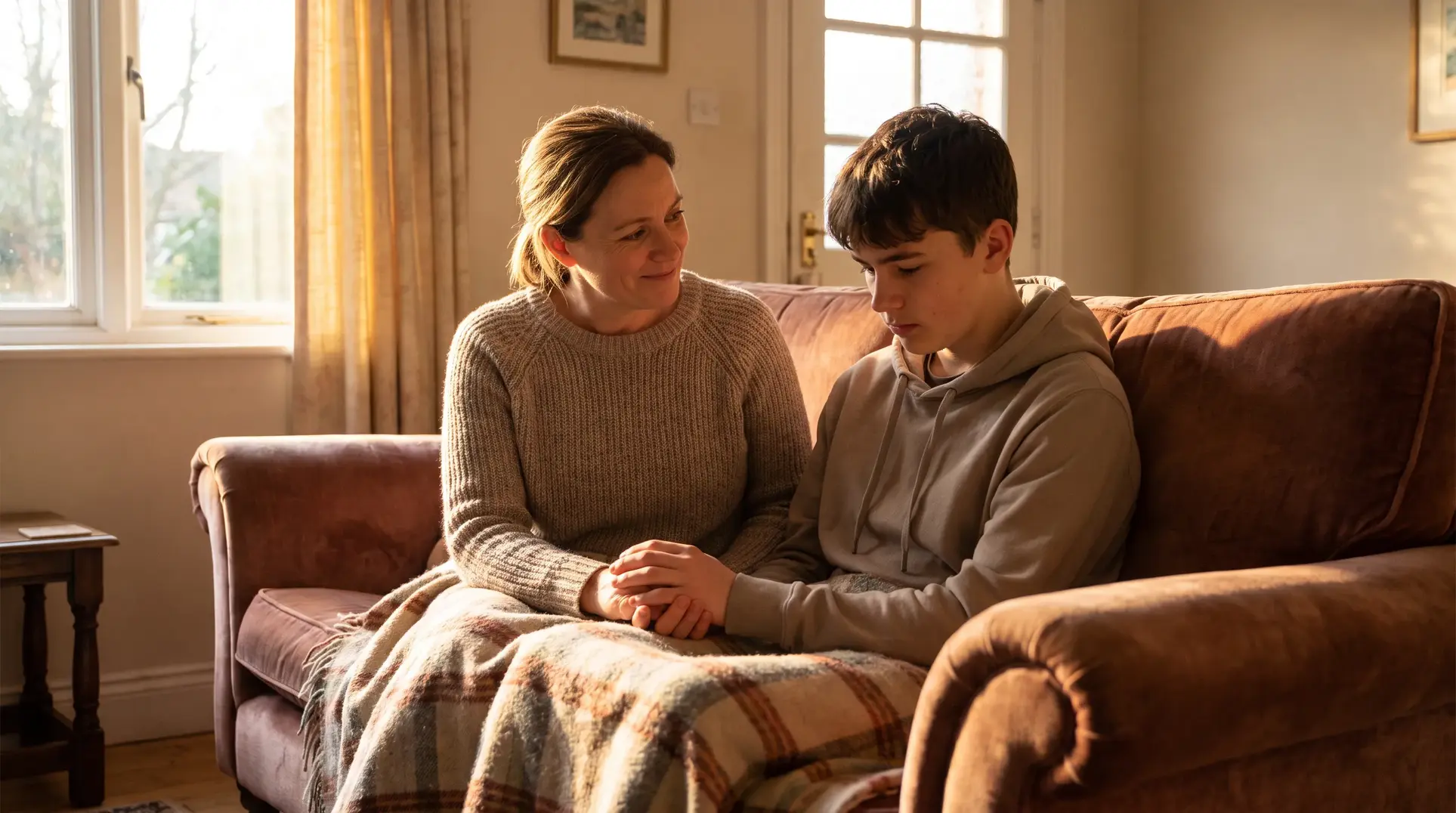 A woman and a young person sit together on a sofa in a cozy, warmly-lit living room. The woman is smiling and holding the young person's hands, while the young person looks down. They are wrapped in a plaid blanket, creating a sense of warmth and comfort.