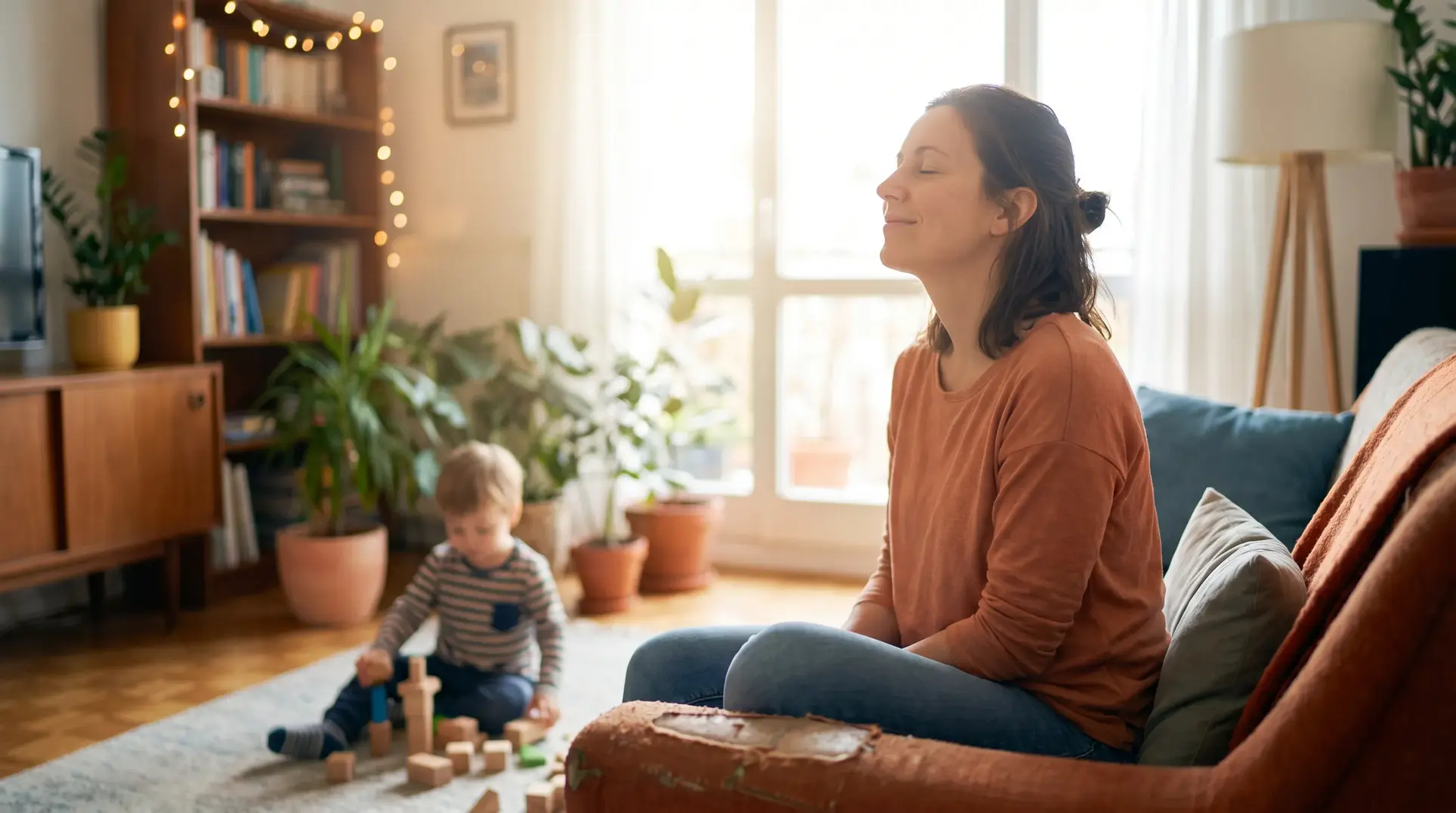 A woman sits on a couch with her eyes closed, appearing to meditate or relax. In the background, a child is playing with building blocks on the floor. The cozy living room features a bookshelf, plants, a large window letting in natural light, and warm, inviting decor.