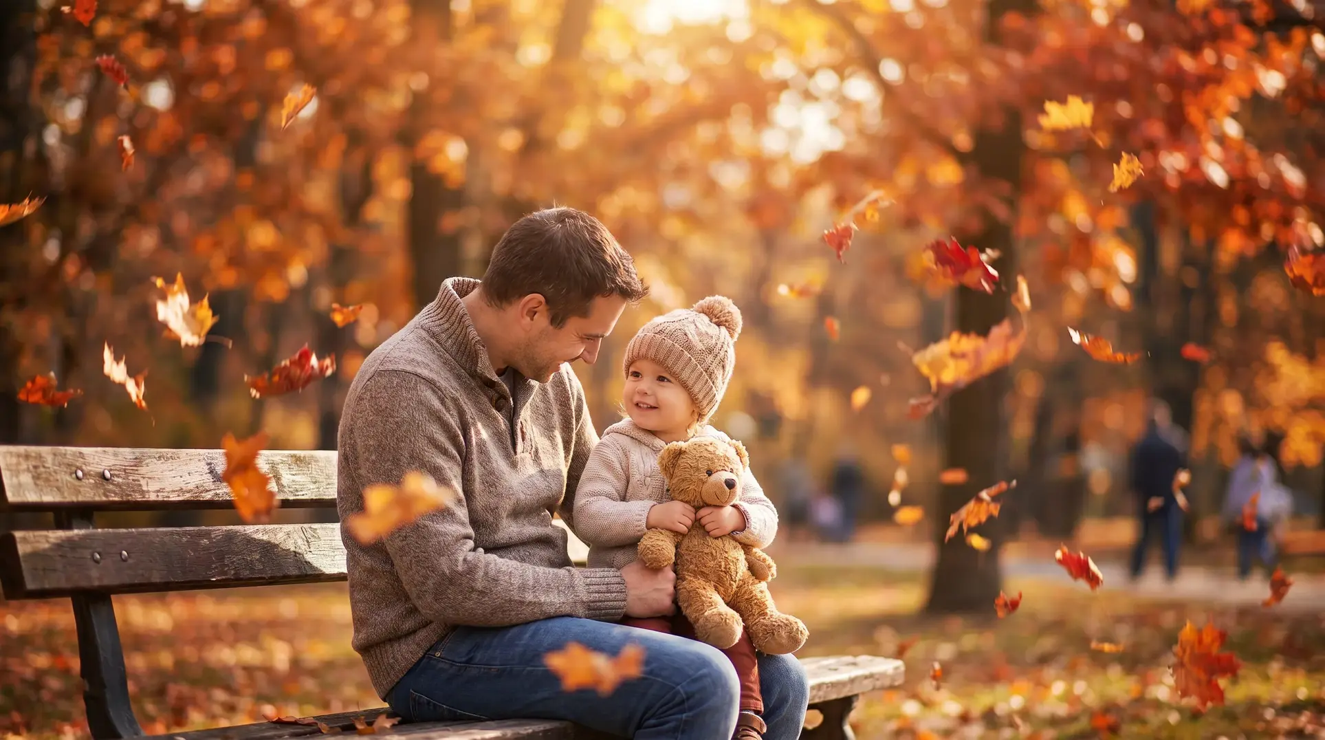 A man and a child sit on a park bench surrounded by autumn trees with falling leaves. The child, wearing a knitted hat and holding a teddy bear, is dressed warmly and smiling beside the man. Both appear to be enjoying the moment in the fall setting.