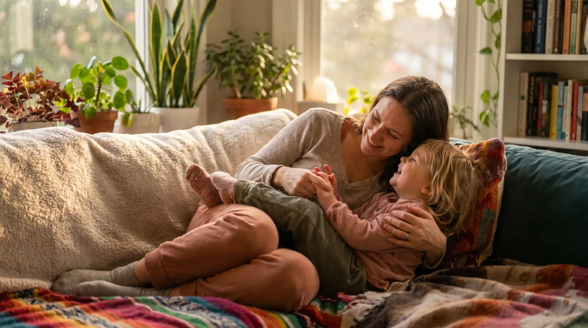 A woman and a child sit together on a couch in a cozy indoor scene. The woman is holding and smiling at the child, who is lying against her. Both appear happy and relaxed. The room is warmly lit, featuring potted plants in the background, a bookshelf to the side, and a colorful blanket draped over the couch.