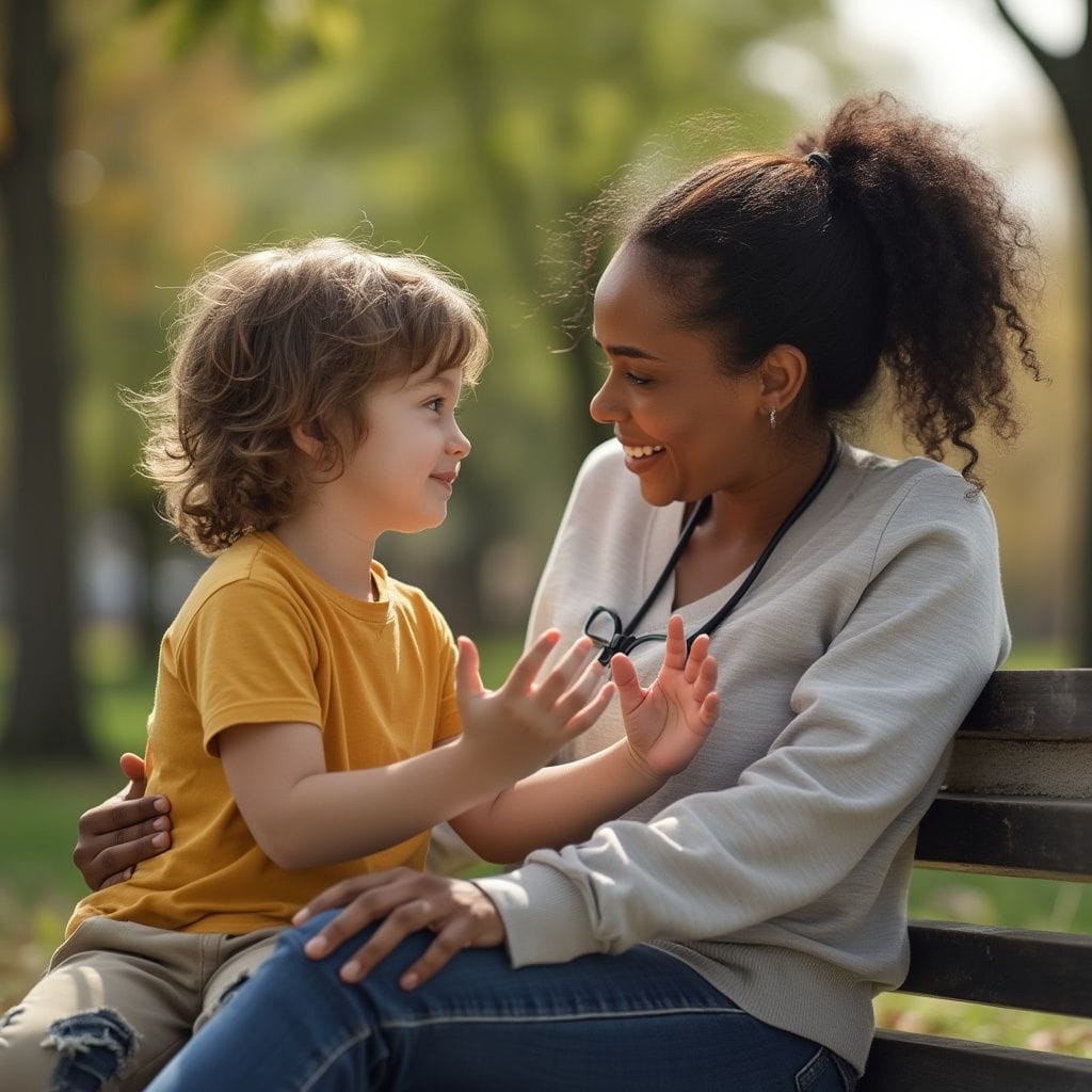 Parent having a conversation with child
