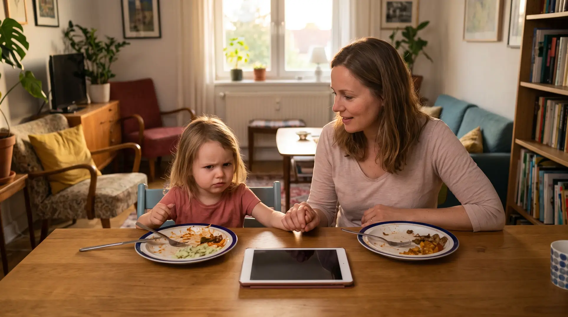 A woman and a young child sit at a table with plates of food in front of them. The child appears to be frowning or displeased, while the woman looks at the child and holds their hand supportively. There is a tablet on the table between them. The background shows a cozy, well-decorated room with furniture and plants.