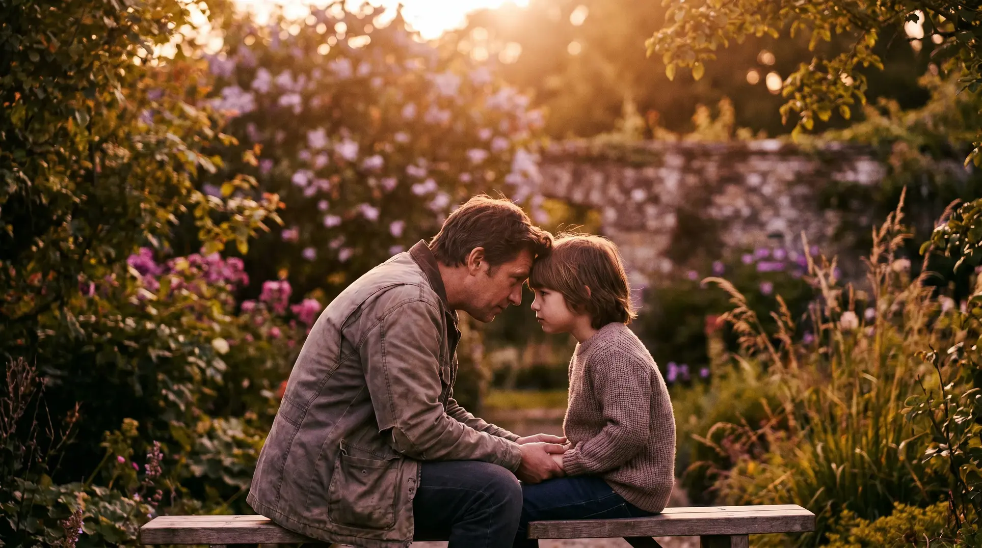 Two people sit on a bench in a lush garden surrounded by greenery and flowers. They face each other with their foreheads touching, sharing a moment of closeness. The sunset lighting casts a warm glow over the serene scene.