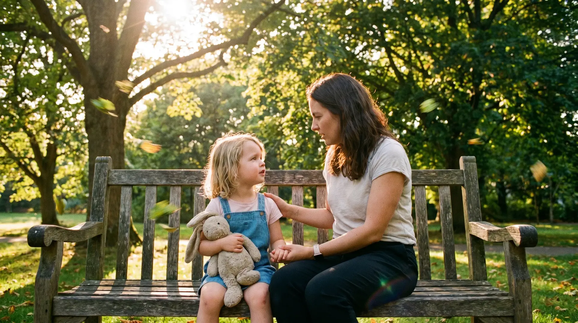 A woman and a child sit on a wooden bench in a park. The child is holding a stuffed bunny, and the woman appears to be talking to or comforting the child. They are surrounded by trees, with sunlight filtering through the leaves, creating a peaceful and serene atmosphere.