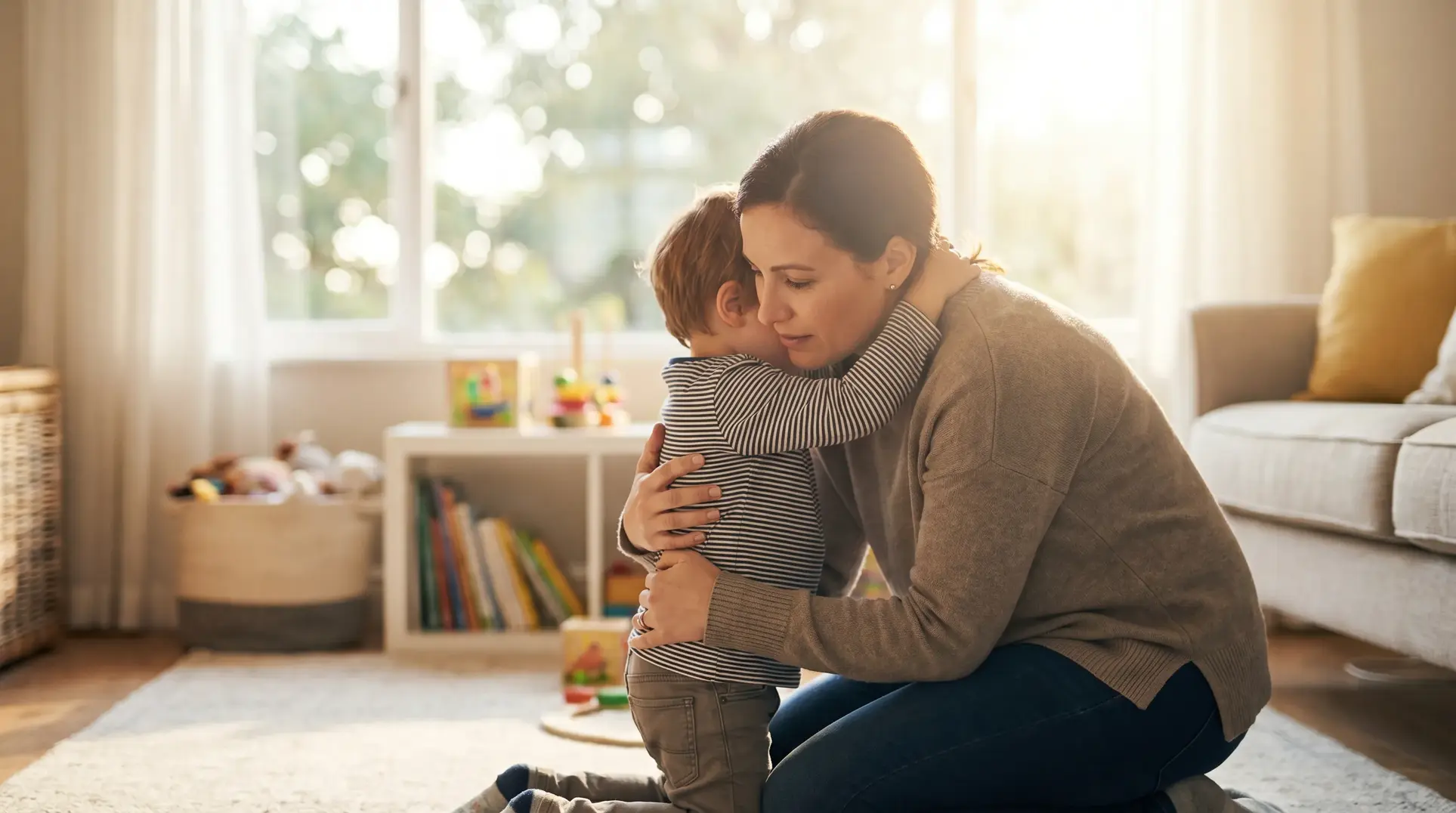 A person kneels and hugs a child in a cozy room filled with books, toys, and a basket. Sunlight streams through a window, creating a warm and comforting atmosphere.