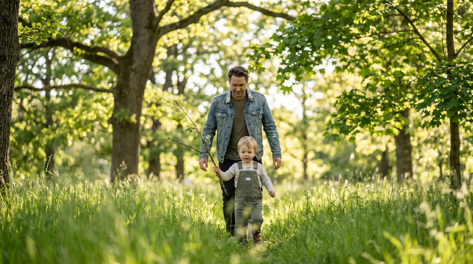 An adult and a child walking through a grassy, wooded area on a sunny day. The child is holding a stick, and the scene is surrounded by trees with green leaves.