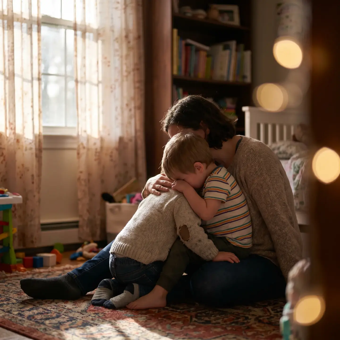 Parent comforting child in bedroom