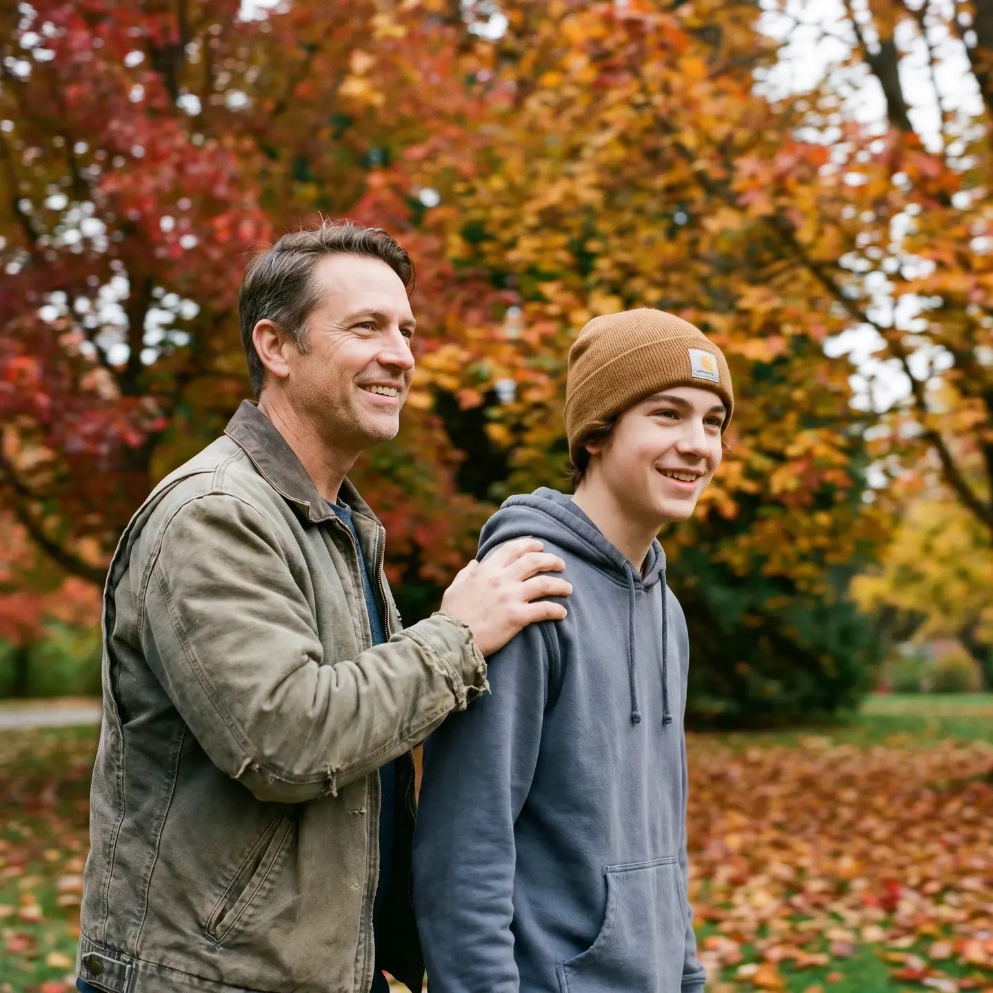 Parent comforting teen during park walk