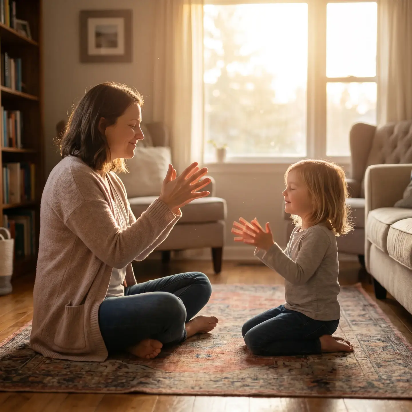 Parent guiding child balloon breathing