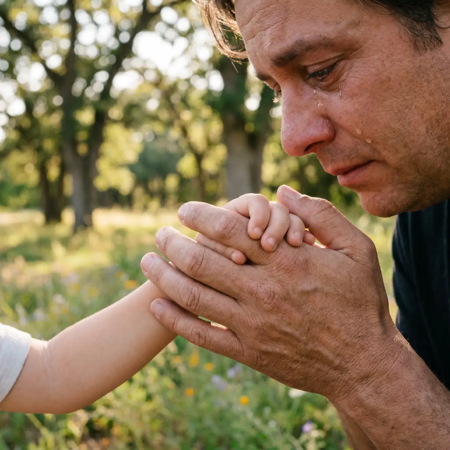 Parent holding child's hand outdoors