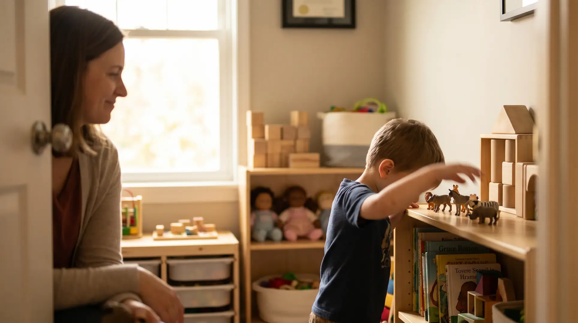 A child is playing with wooden toy animals and blocks on a shelf while books are also displayed on the shelf. In the background, a woman is smiling and watching the child. The setting appears to be a playroom or child's bedroom with other toys and storage visible.