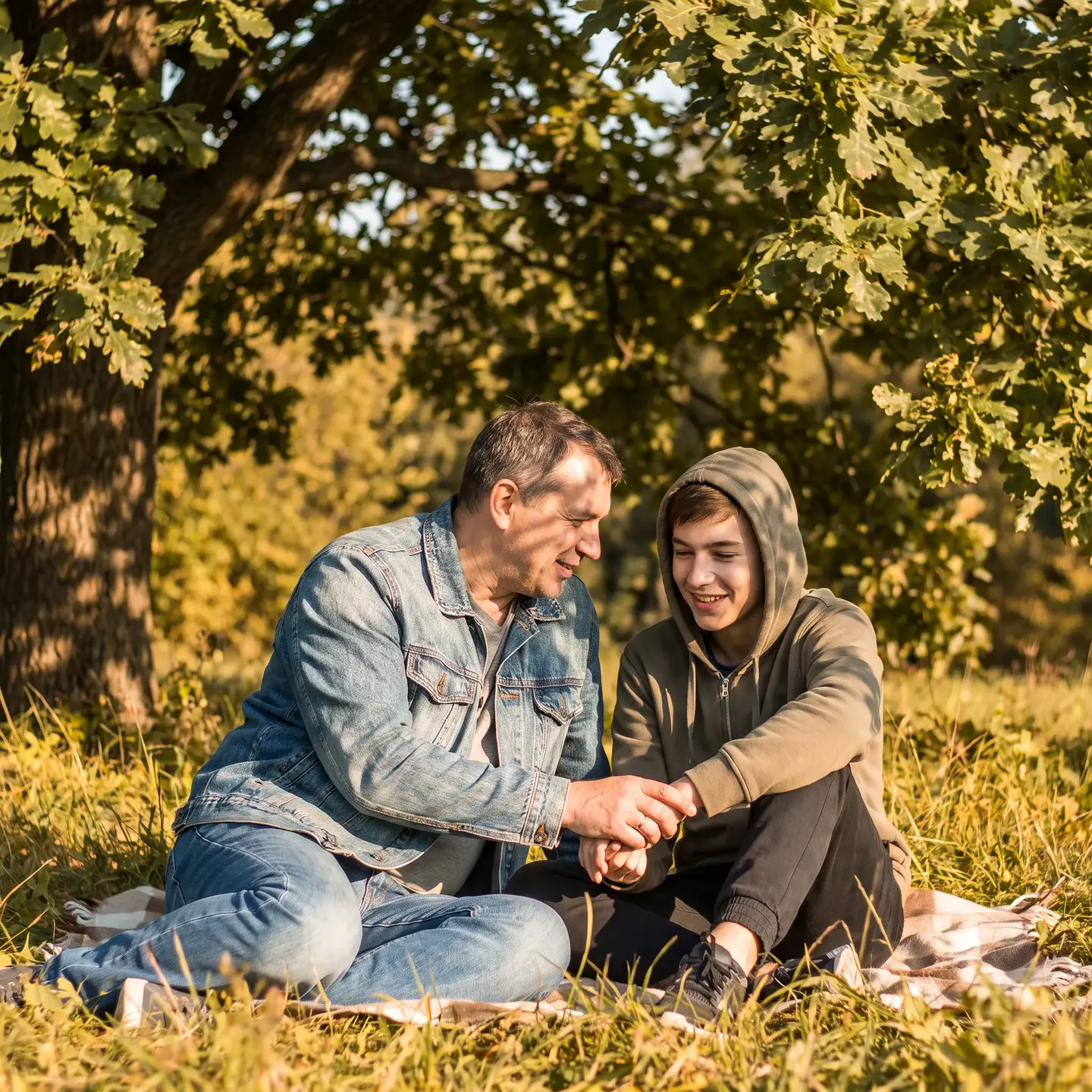 Parent and teen bonding under tree