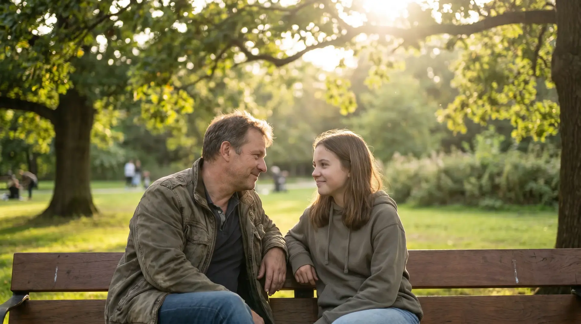 Two people sitting on a bench in a park, smiling and engaged in conversation. The background features green trees and grass with sunlight filtering through the leaves, creating a warm and inviting atmosphere.