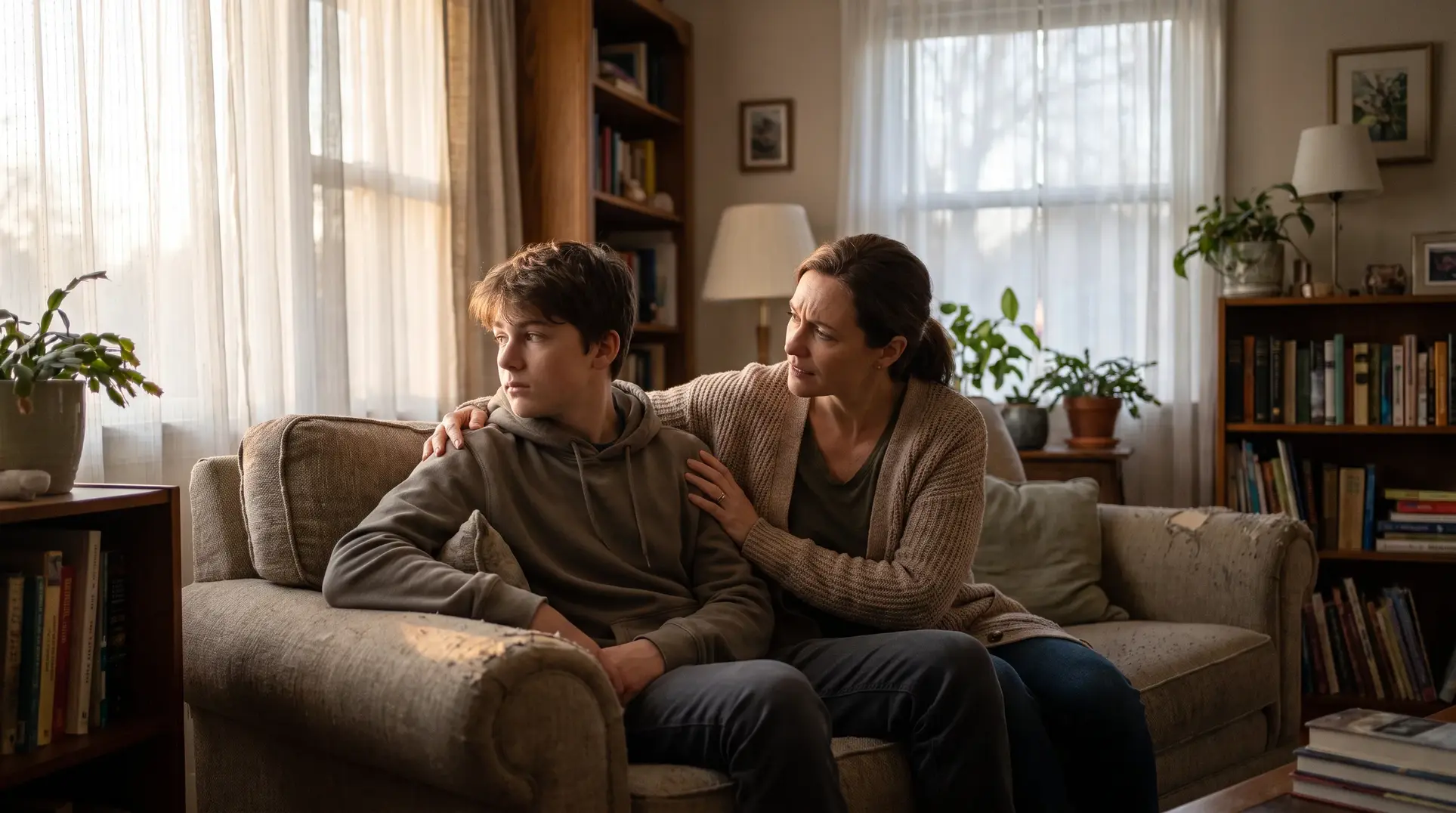 Two people are sitting on a sofa in a warm, cozy room. One is a teenager, and the other is an adult, possibly a parent or guardian, gently holding the teenager's shoulder. They appear to be having a serious or comforting conversation. The room features bookshelves, plants, and soft natural light coming through the windows.