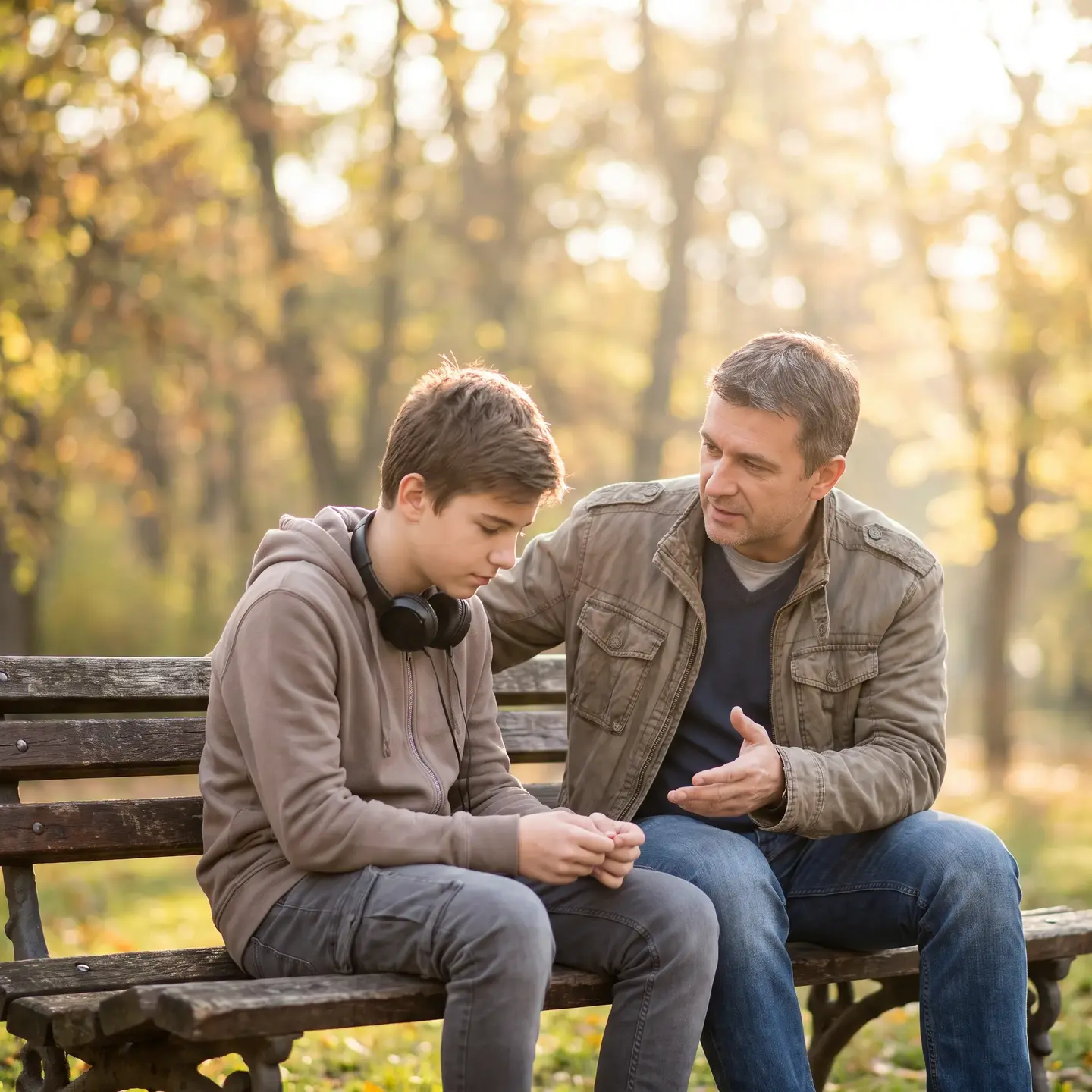 Parent teen talk on park bench