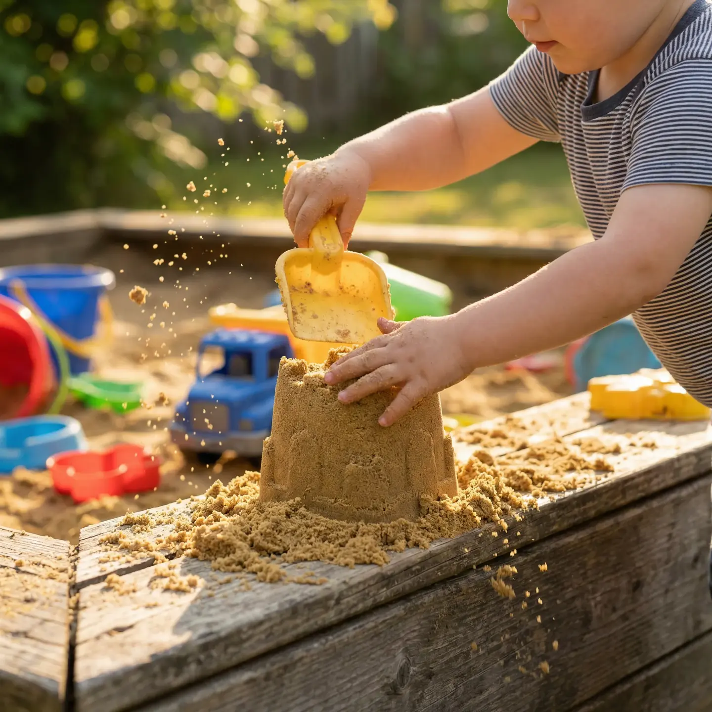 Child playing creatively in sandbox with boundaries