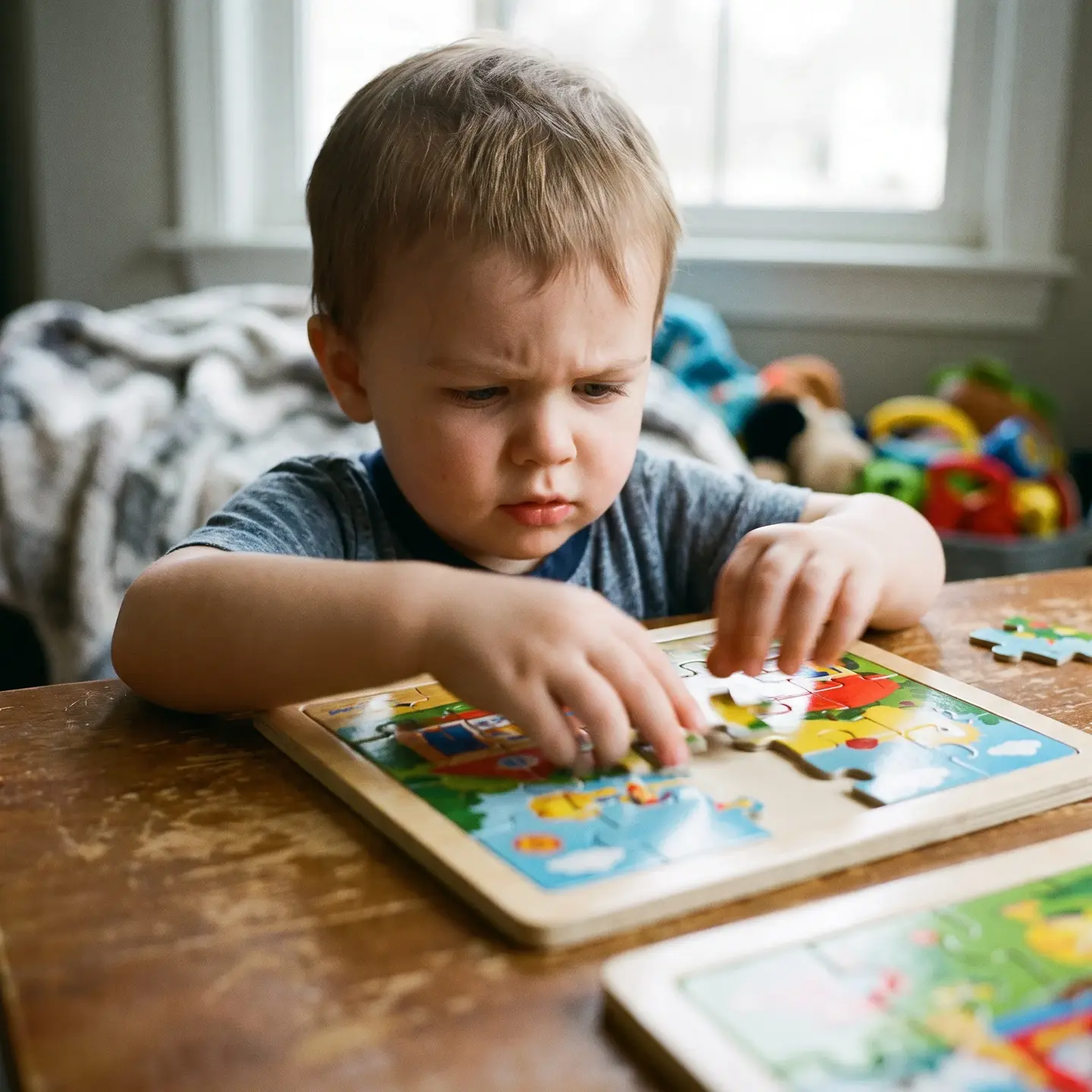 Strong-willed child solving puzzle