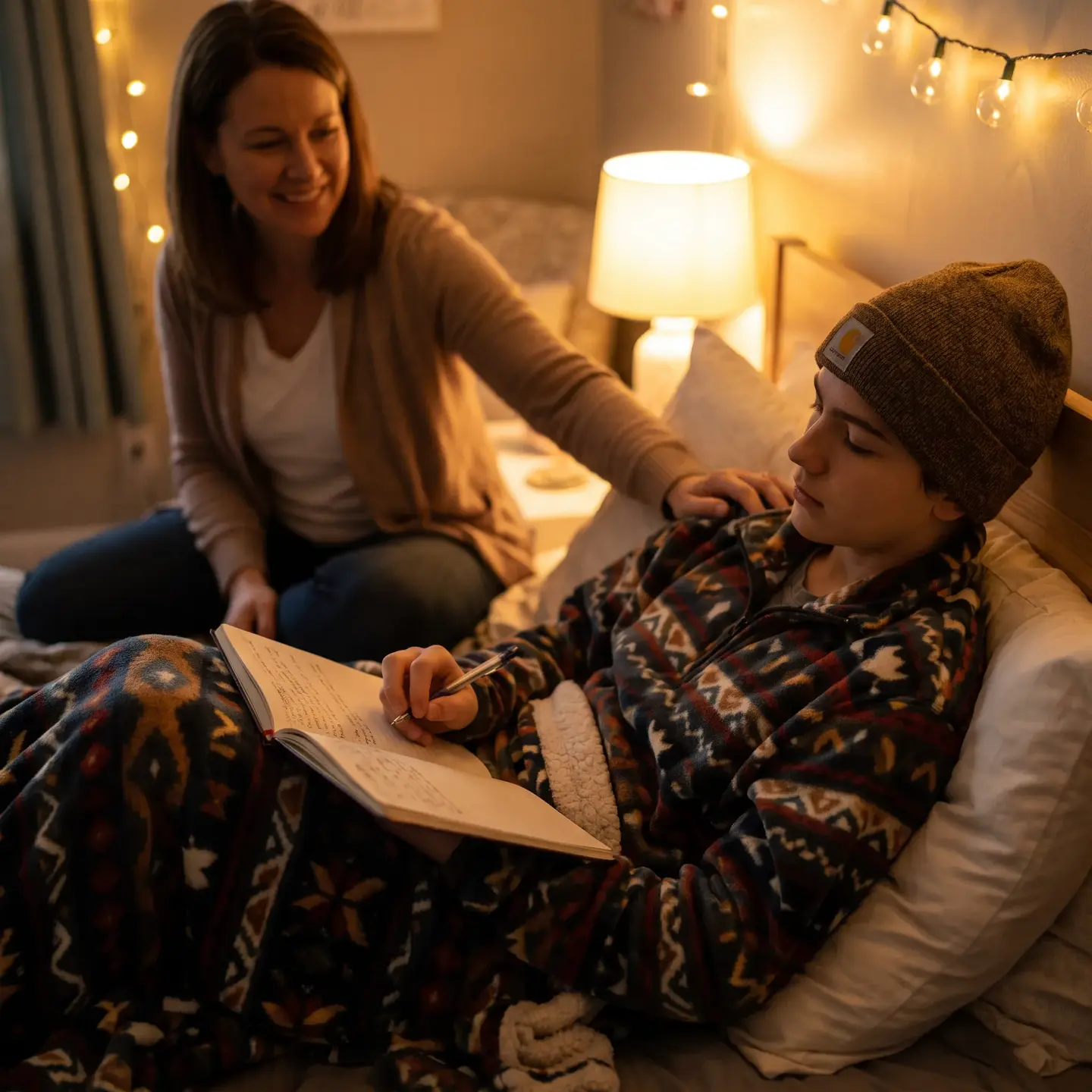 Supportive parent having a conversation in bedroom