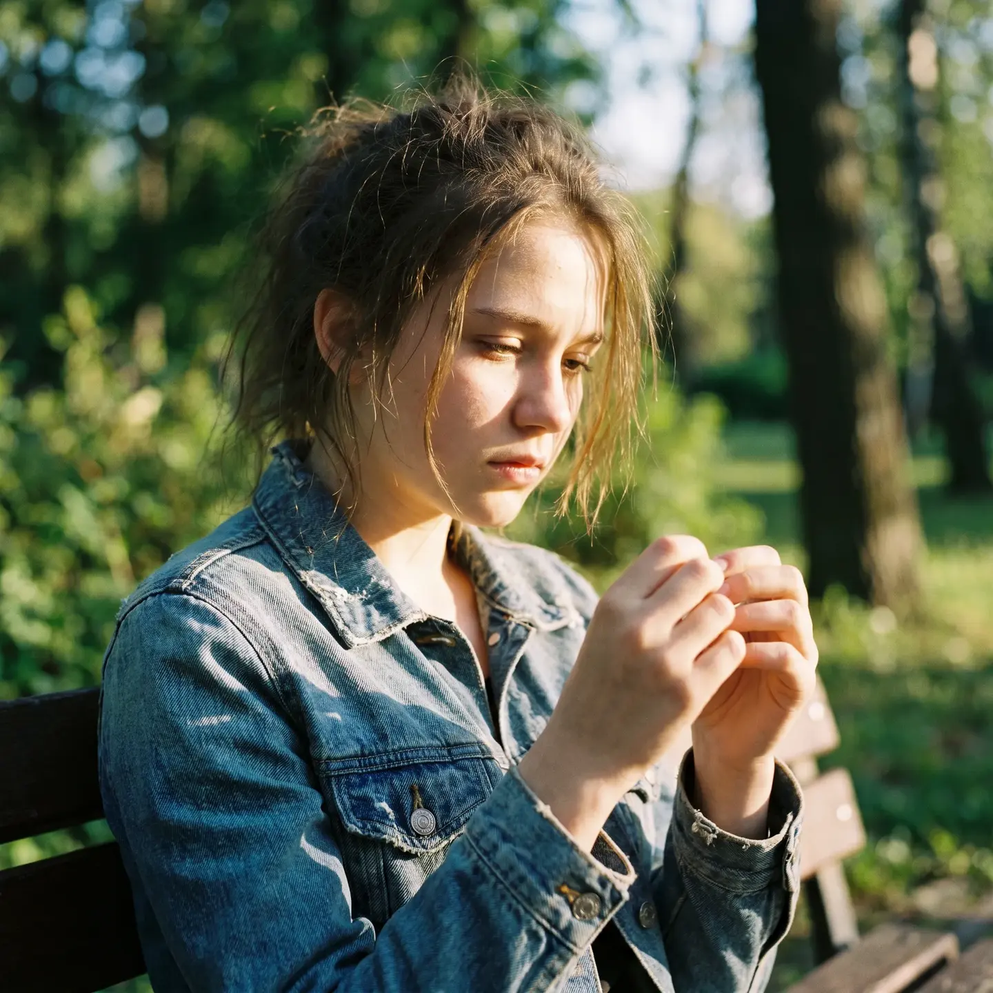 Teen sitting contemplatively in park