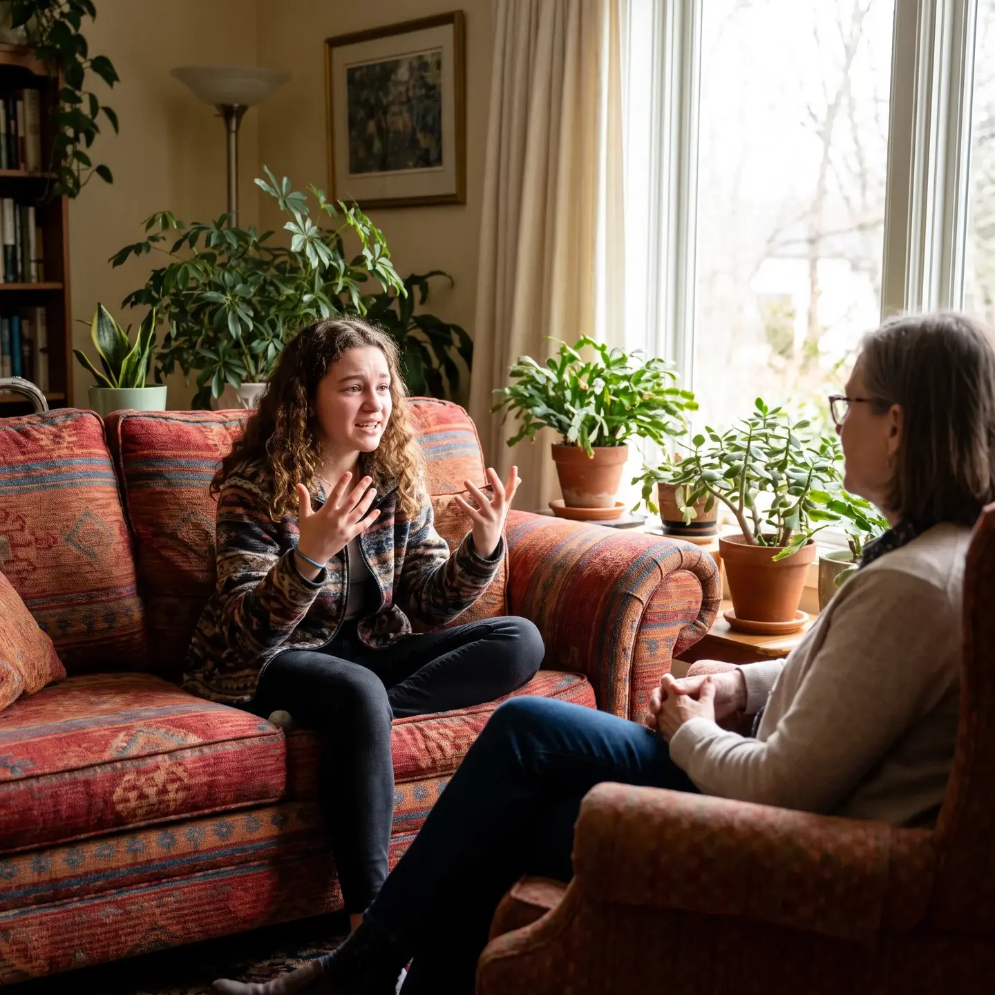 Teen in therapy conversation