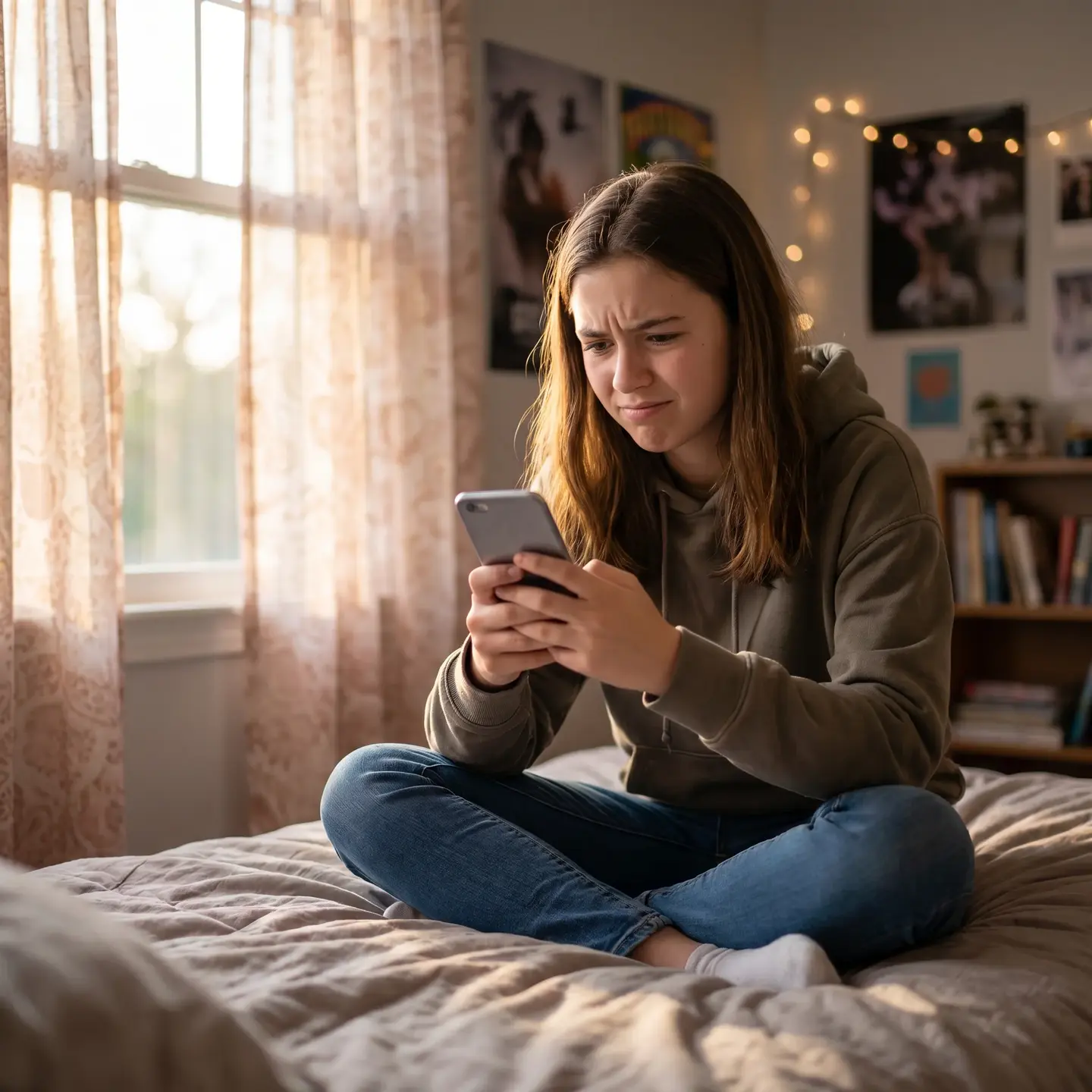 Teen browsing phone in bedroom