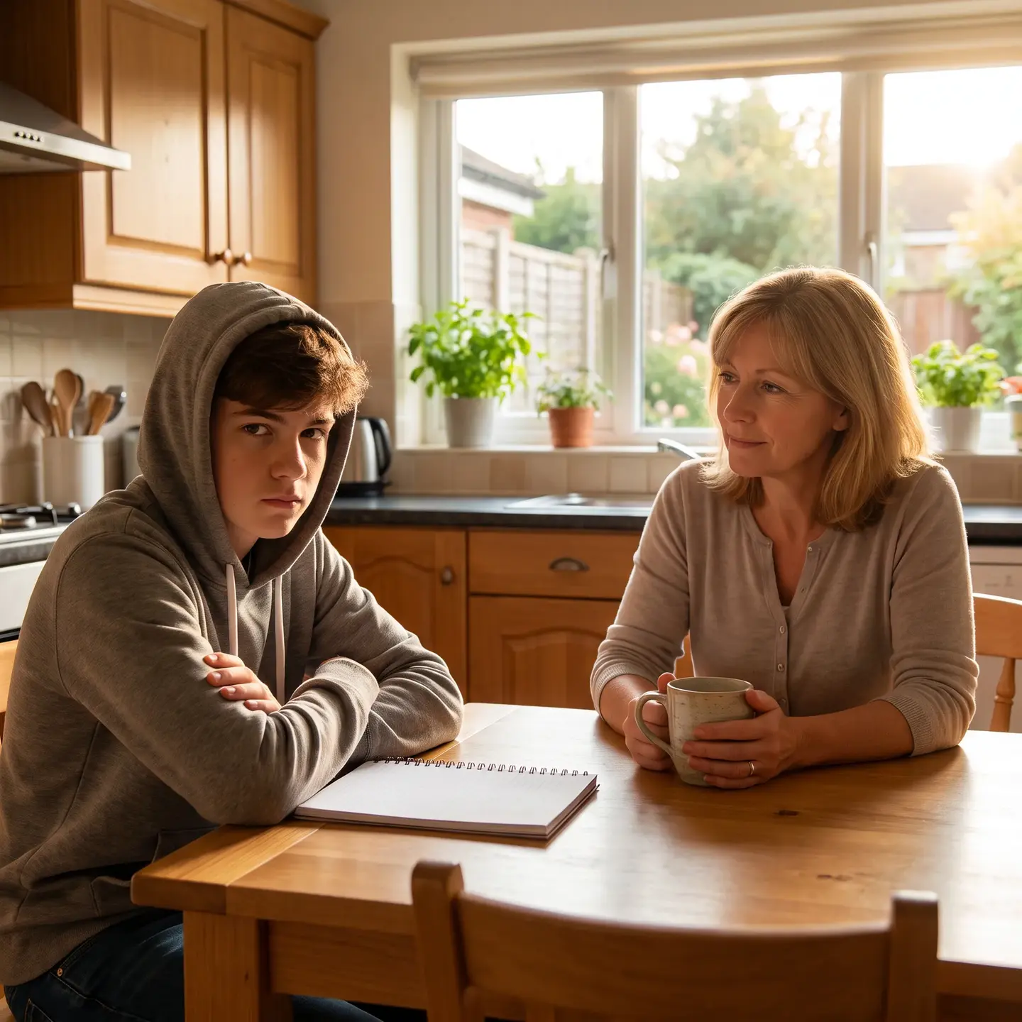 Teen parent conversation at kitchen table