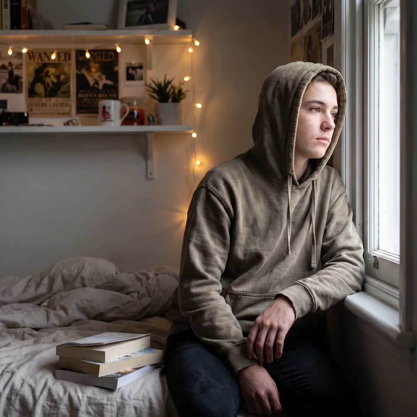 Teen thoughtful in bedroom