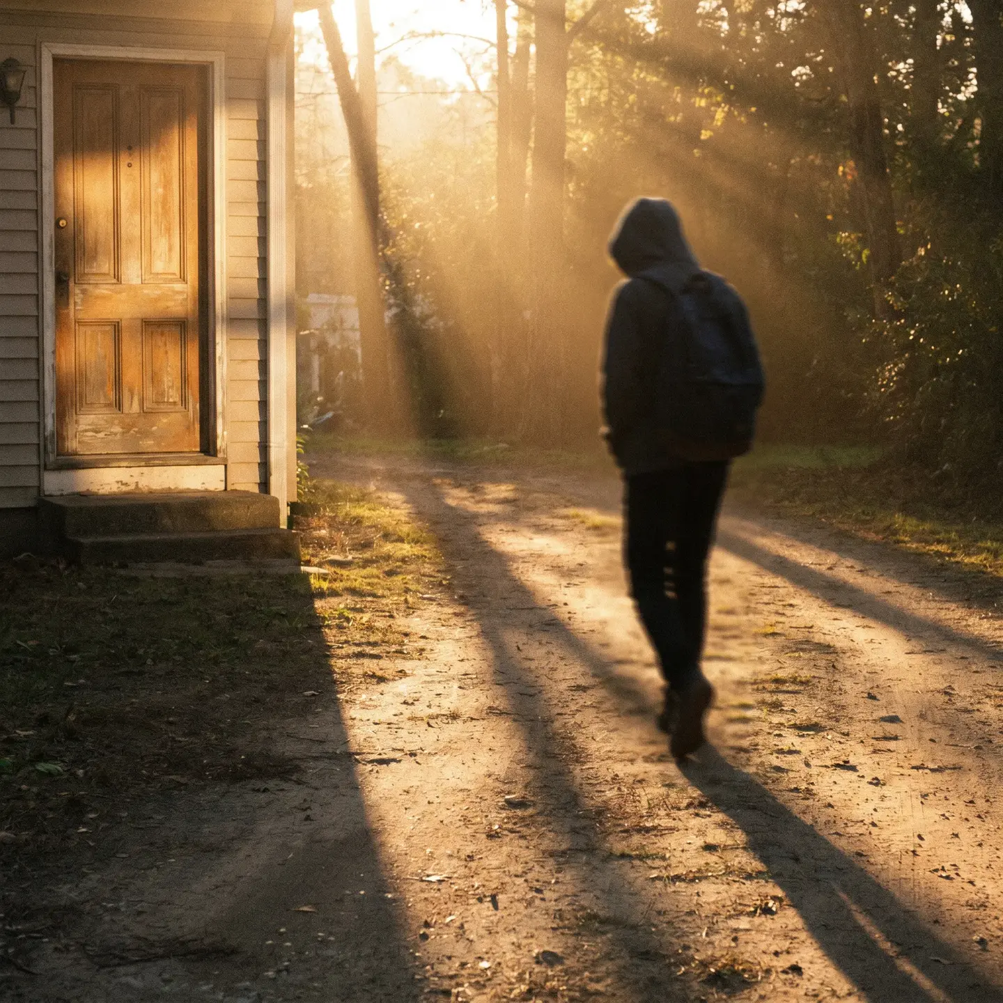 Teenager walking away in sunlight