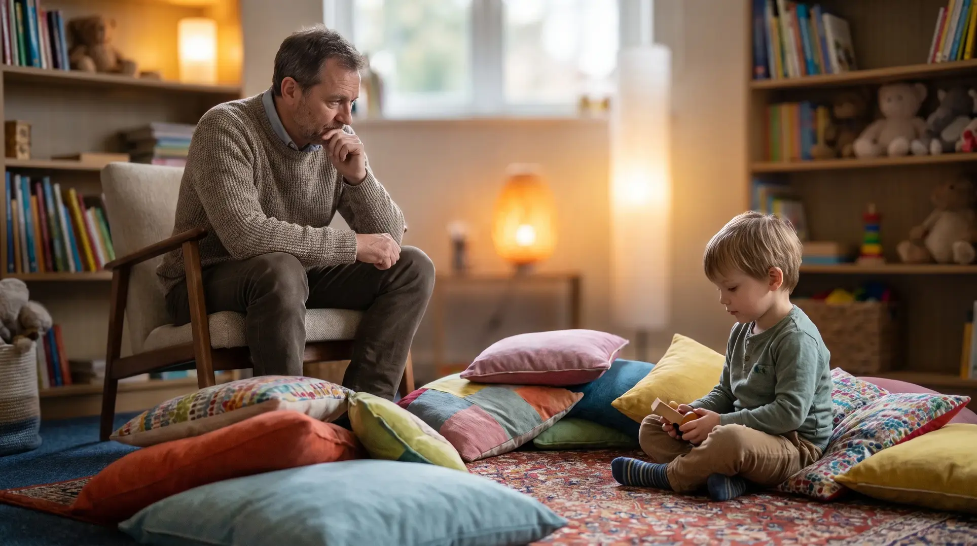 An indoor scene featuring a man sitting in a chair, looking thoughtfully at a child seated on colorful cushions on the floor. The child holds a small toy or object. The background includes bookshelves, toys, and a warm lamp, creating a cozy and quiet atmosphere.