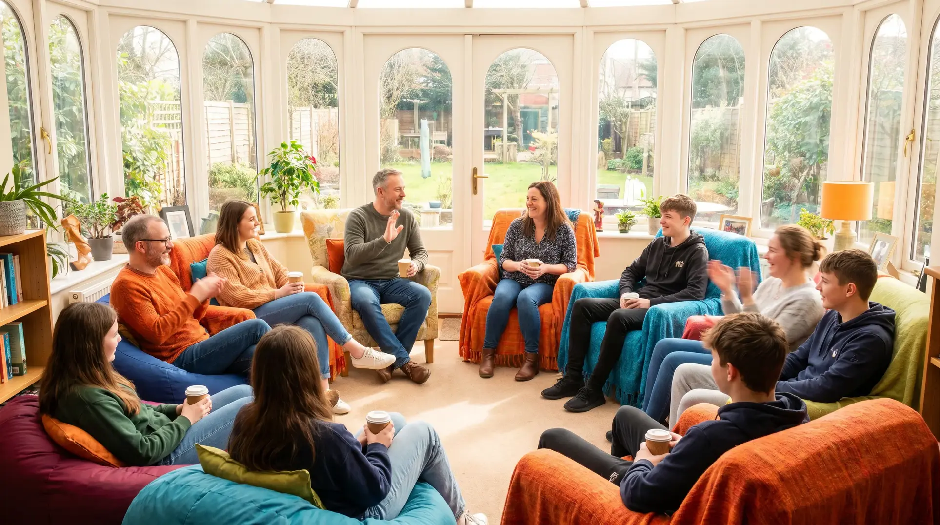 A group of people seated in a circle on colorful chairs and couches in a brightly lit room with large windows. They are holding cups and appear engaged in conversation. The room has a cozy atmosphere with plants, books, and decor visible. A garden is seen outside through the windows.
