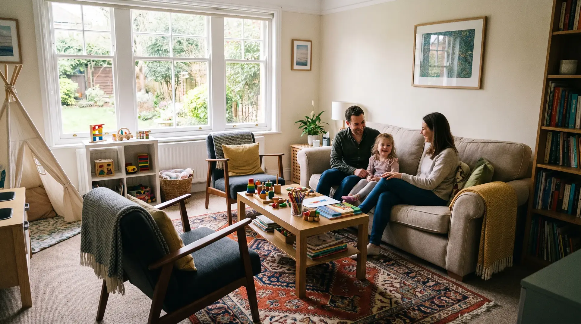 A cozy living room featuring a family of three—a man, woman, and child—sitting on a sofa and engaging with each other. The space has a large window with a garden view letting in natural light. On the left, there is a small shelf holding toys and a teepee. A coffee table with books and toys, carpet, and bookshelves are on the right. The room is decorated with framed pictures, indoor plants, and a warm, inviting atmosphere.