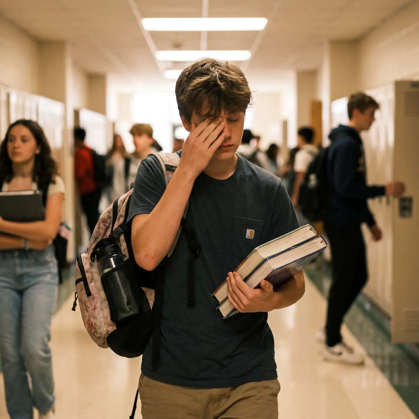 Tired teen at high school in the morning