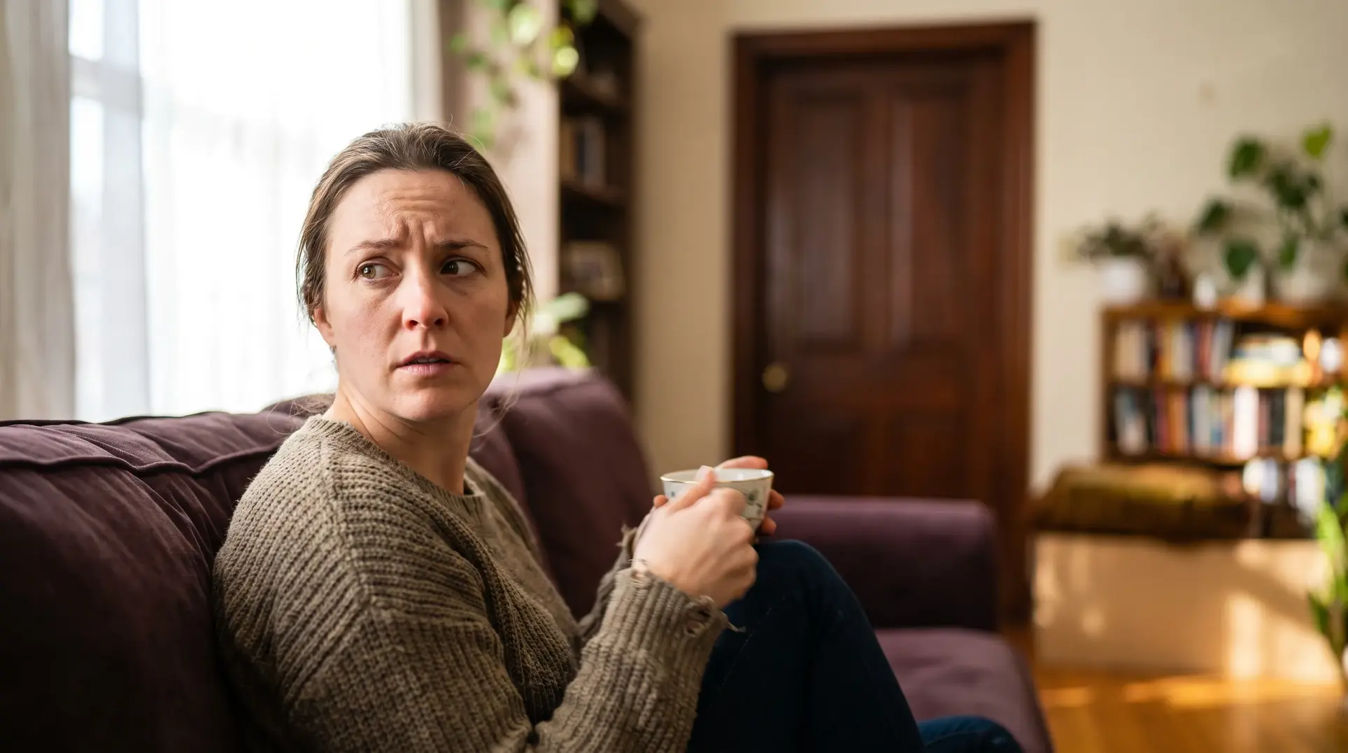 A woman is sitting on a couch, holding a cup, and looking to the side with a concerned or worried expression. The background includes a wooden door and a bookshelf filled with books and plants, creating a cozy, home-like atmosphere.