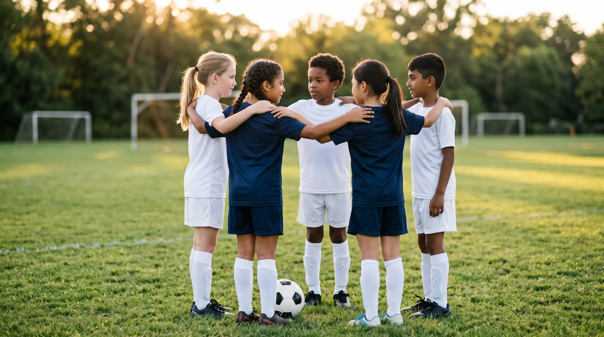 young athletes team huddle soccer field