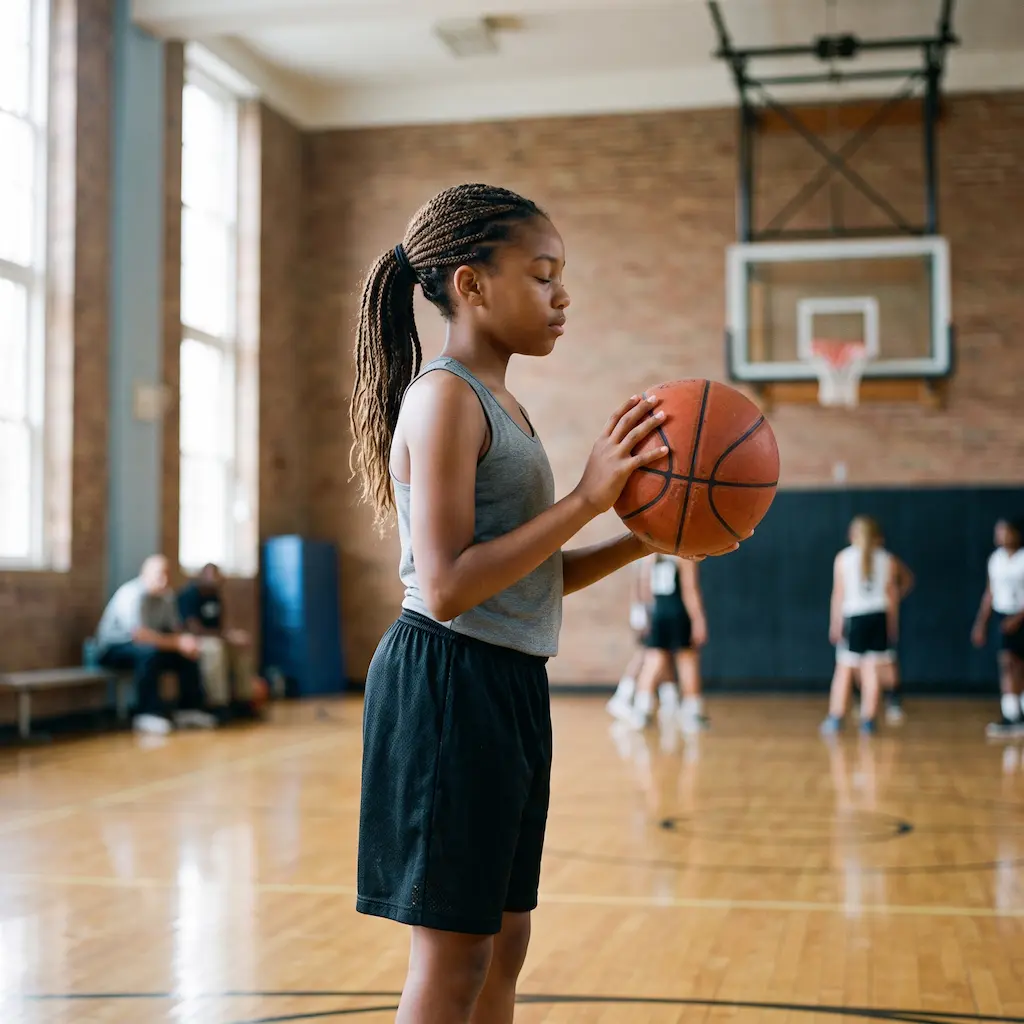 young basketball player focused free throw preparation