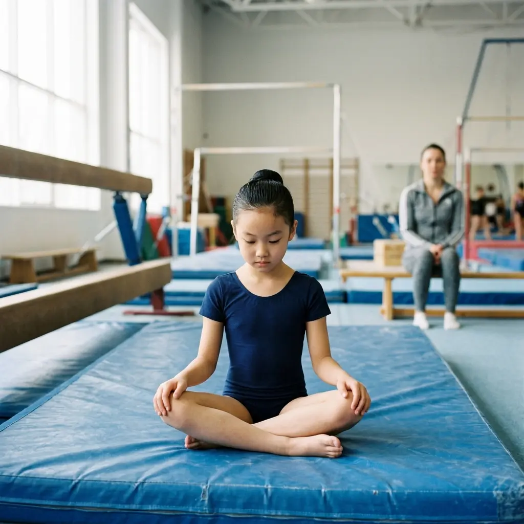 young gymnast regrouping after fall mat
