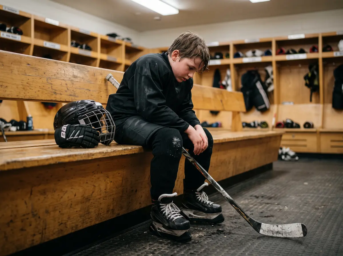 young hockey player alone dressing room after game