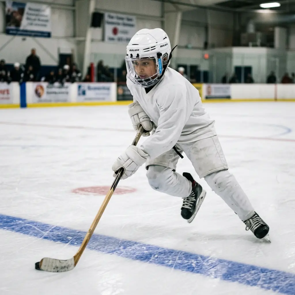 young hockey player focused mid game ice